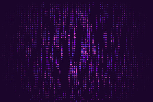 Abstract Digital Rain Background with Glowing Purple Diamond Particles for Technology and Data Visualization Concepts
