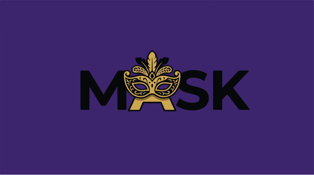 Decorative MASK text design with golden Venetian carnival mask replacing the letter A.