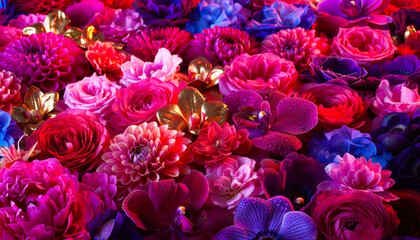 Fototapeta premium 鮮やかな極彩色の花々が咲き誇る華やかな背景 ピンクと金の煌めき