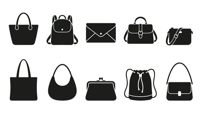 Minimalist handbag icon set, black fashion bag silhouettes, collection of 10 vector purse and backpack illustrations for retail and e-commerce