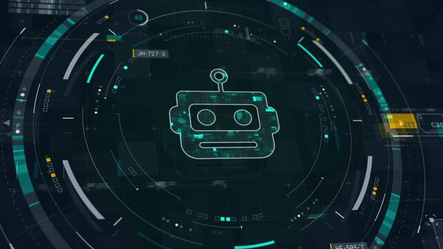 Motion graphic of robot assistant automation technology and chatbot interface inside a futuristic HUD, featuring teal digital workflow motion for business promotion.
