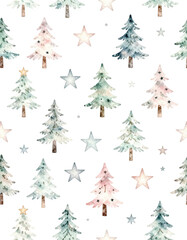 Obraz premium Watercolor Christmas seamless pattern with fir trees and stars. Hand painted illustration
