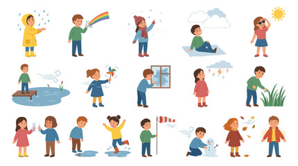 Fototapeta premium Kids Enjoying Different Weather Conditions - Children's Season and Weather Illustration