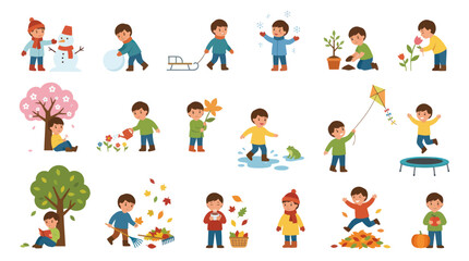 Fototapeta premium Flat Vector Illustration Set of Kids Seasonal Activities. Children Playing Outdoors and Learning Through Seasons.