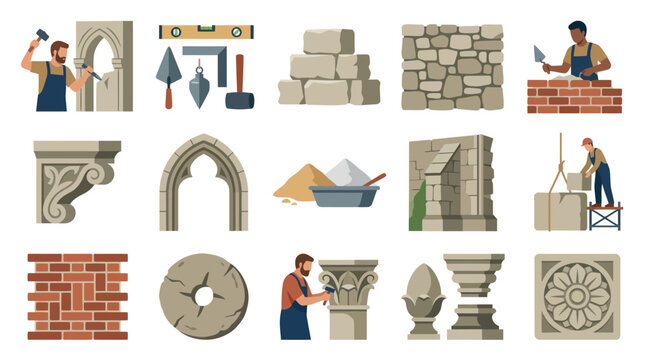 Masonry Construction Flat Vector Icons Set: Masons, Stonework, Bricks, Tools, and Architectural Building Elements
