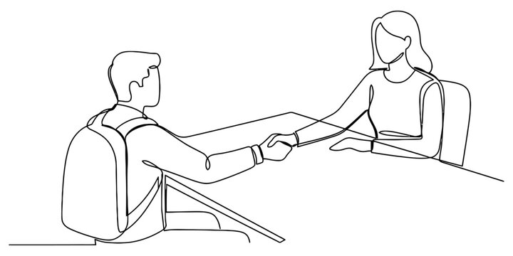A continuous line drawing of a student and a professional woman shaking hands at a desk during a meeting or academic interview in a modern office Vector, illustration