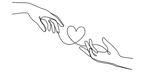 Continuous single line drawing of two hands reaching for each other with a heart shape connecting them representing love connection and togetherness Vector, illustration © Design bundle Press