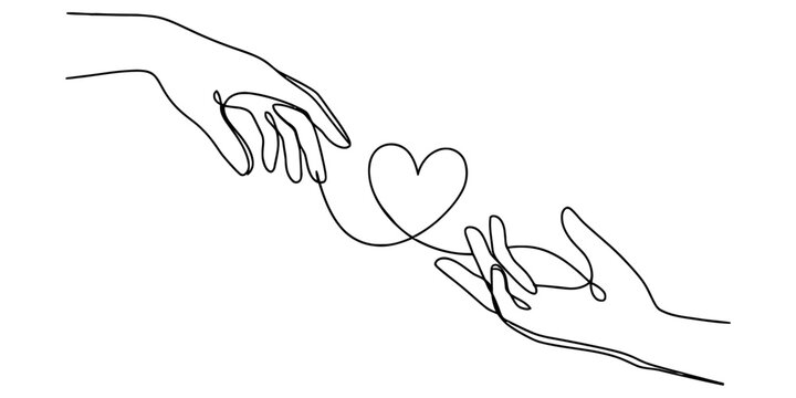 Continuous single line drawing of two hands reaching for each other with a heart shape connecting them representing love connection and togetherness Vector, illustration