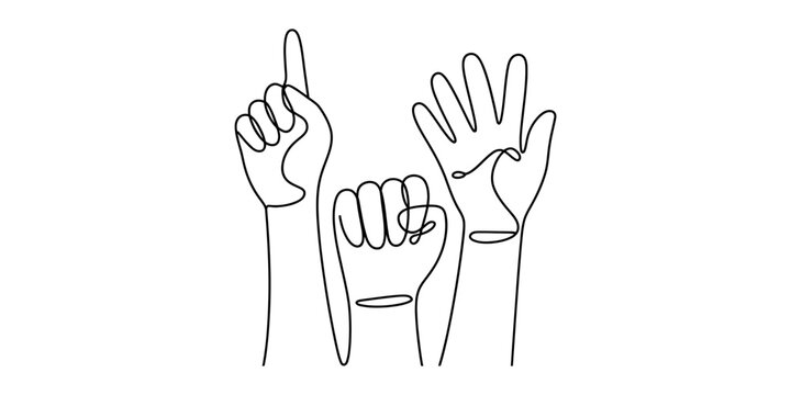 Continuous line drawing of human hands showing different gestures including pointing finger a closed fist and an open palm for communication concepts Vector, illustration