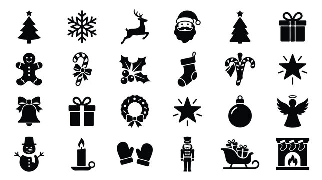 Christmas icon set with 24 black silhouettes, festive holiday vector elements for winter celebrations, minimalist Xmas symbols for greeting cards