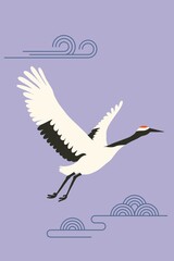 Fototapeta premium Minimalist Flying Crane with Stylized Clouds, Korean Wall Art