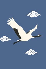 Fototapeta premium crane, flying crane, cloud, asian cloud, japanese art, zen, blue poster