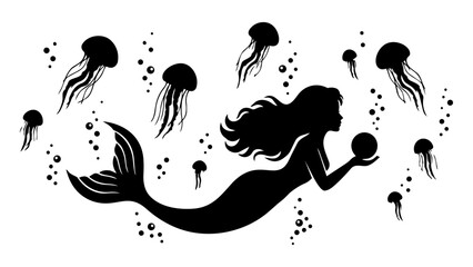 Mermaid silhouette with jellyfish vector illustration © Stock Master 