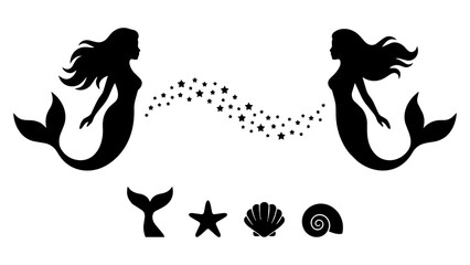 Mermaid silhouette set with magic stars and ocean elements vector illustration © Stock Master 