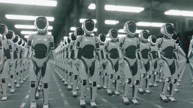 Endless 3d animation loop of a futuristic humanoid robot army marching in place together. Concept of mass automation, artificial intelligence taking over and technology workforce in a sci-fi cyber wor