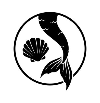 Mermaid tail silhouette icon with seashell in a circle vector