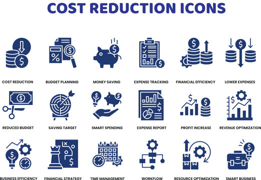 Cost reduction vector icons. Budget planning flat signs set. Money saving icon. Expense report