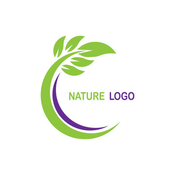Creative Nature Logo with Green Leaves and Crescent Swosh Vector