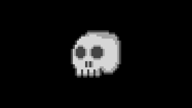Retro Pixelated White Skull Icon in 8-Bit Video Game Style on Dark Background