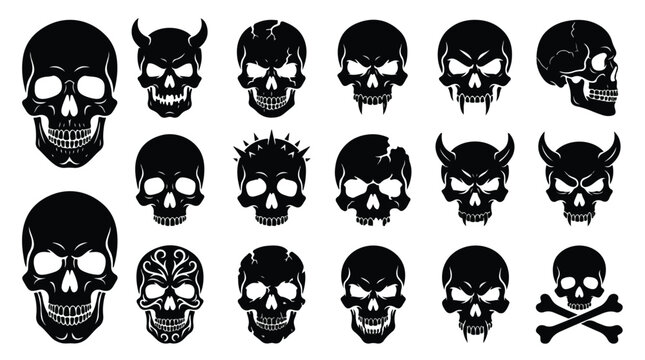 Gothic skull silhouette collection, 17 evil demon and human skull vector icons, dark horror head illustrations for tattoo and apparel design