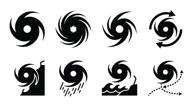 Hurricane icon set with 8 black vector symbols, weather forecast storm warning signs, tropical cyclone and typhoon disaster icons for meteorology