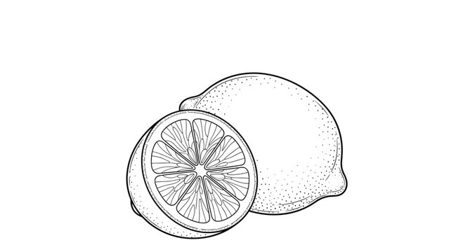 Realistic stippled drawing of a whole lemon alongside a juicy half cut lemon showing detailed internal segments and outer skin texture.