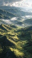 Obraz premium Rolling green hills and valleys under soft clouds and sunlight