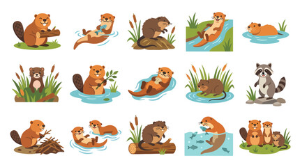 Obraz premium Cute Beaver and Otter Vector Illustrations - Animal Wildlife Cartoon Style