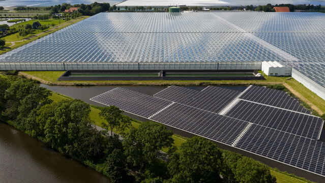 Aerial view of a large greenhouse complex with floating solar panels on a pond surrounded by green trees and rural landscape in Middenmeer, North Holland, Netherlands.