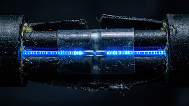 A black cable with a blue binary code streaming through a clear tube