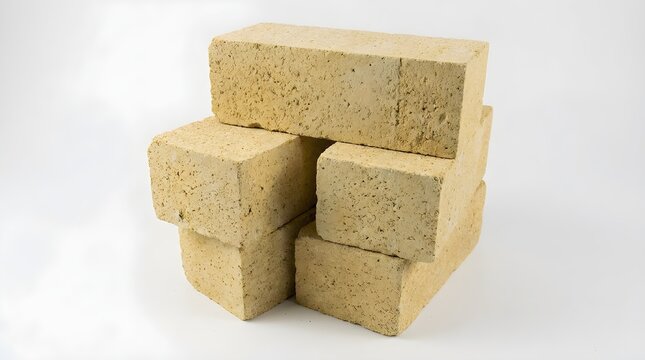 Refractory fire bricks stacked on white background, industrial heat resistant ceramic blocks, yellow fireclay masonry materials for kiln construction
