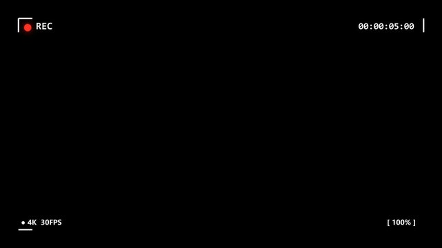 White REC Recording Camera Border Frame Full Info Overlay Black Background Seamless Loop 4K