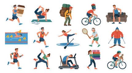 Fototapeta premium Flat Vector Illustration Set of People Practicing Diverse Sports, Fitness, and Healthy Lifestyle Activities