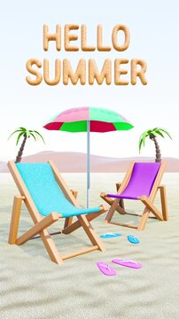 Summer loop animation with lounge chairs, beach umbrella, flip flop, palm and sand. 3d rendering and 4K stock video