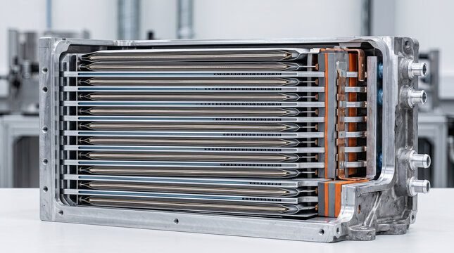 Closeup of a fuel cell stack with metal plates and tubes
