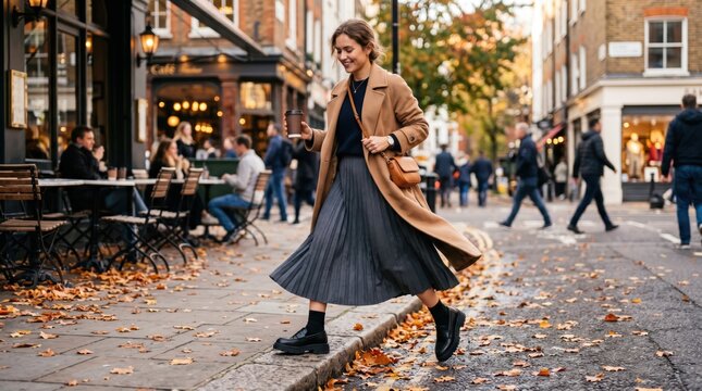 Young woman walking along cafe lined city sidewalk in autumn pleated skirt and long coat, smiling while holding takeaway coffee and crossing curb in lively urban neighborhood