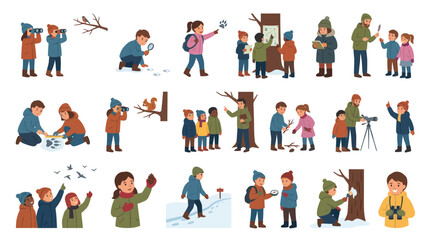 Fototapeta premium Flat Vector Illustration of Winter Outdoor Education and Nature Study Activities for Kids and Adults