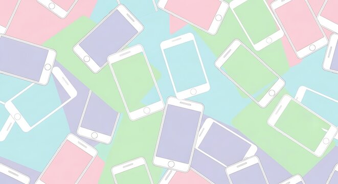A colorful pattern of overlapping smartphones in pastel pink, purple, green, and blue on a white background