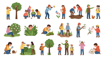 Fototapeta premium Nature Exploration Flat Illustrations: Kids and Adults Discovering Wildlife Outdoor Learning Activities