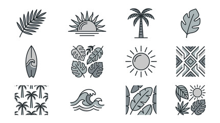 Fototapeta premium Modern tropical and coastal surf line icon set.