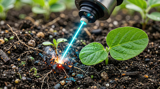 Laser weeding technology in action on a farm with green plants