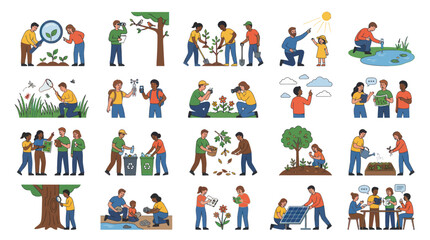 Fototapeta premium Environmental Science and Sustainability Activities Flat Vector Illustrations