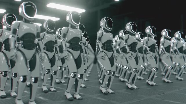 Endless 3d animation loop of a futuristic humanoid robot army marching in place together. Concept of mass automation, artificial intelligence taking over and technology workforce in a sci-fi cyber wor