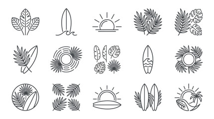 Obraz premium Tropical nature and surfing circular line art logos.