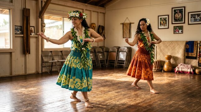 Two women performing traditional hawaiian hula dance inside wooden community hall wearing floral skirts leis and wrist garlands, cultural practice and rehearsal scene