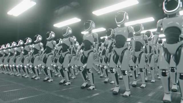 Endless 3d animation loop of a futuristic humanoid robot army marching in place together. Concept of mass automation, artificial intelligence taking over and technology workforce in a sci-fi cyber wor