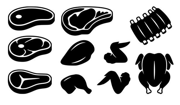Raw meat and fresh poultry cuts collection featuring t-bone steak pork loin ribs chicken wings whole turkey and breast vector silhouette icons for butcher shops.