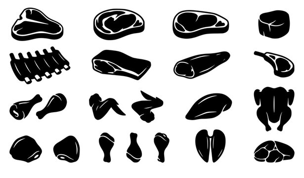 Raw meat and poultry cuts icon set featuring steak beef ribs pork lamb chops chicken wings and drumsticks silhouette vectors for butcher shop branding.
