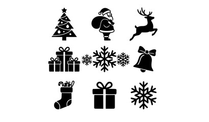 Christmas black silhouette icon set vector illustration isolated on white background flat winter holiday elements featuring Santa Claus reindeer tree and gifts © MdIbrahimIslam