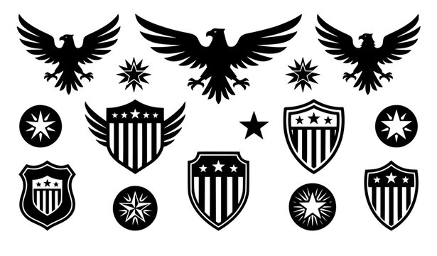 Military badge and eagle emblem icon set vector illustration isolated on white background flat black patriotic symbols featuring stars wings and heraldic shields